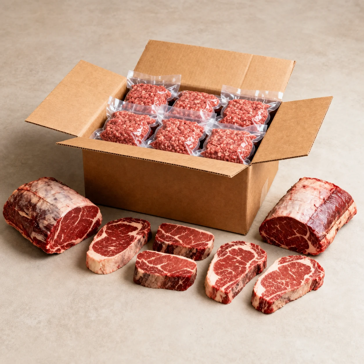 BTC Beef box with steaks, roasts, and packaged ground beef shown with additional surrounding space