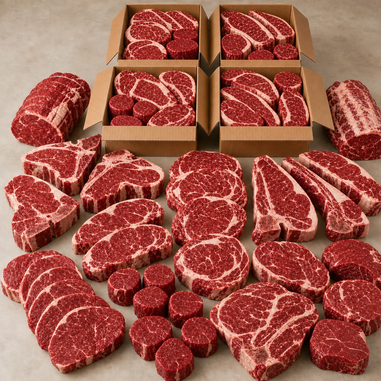 Large quarter beef assortment with four boxes of richly marbled fresh red steaks and roasts