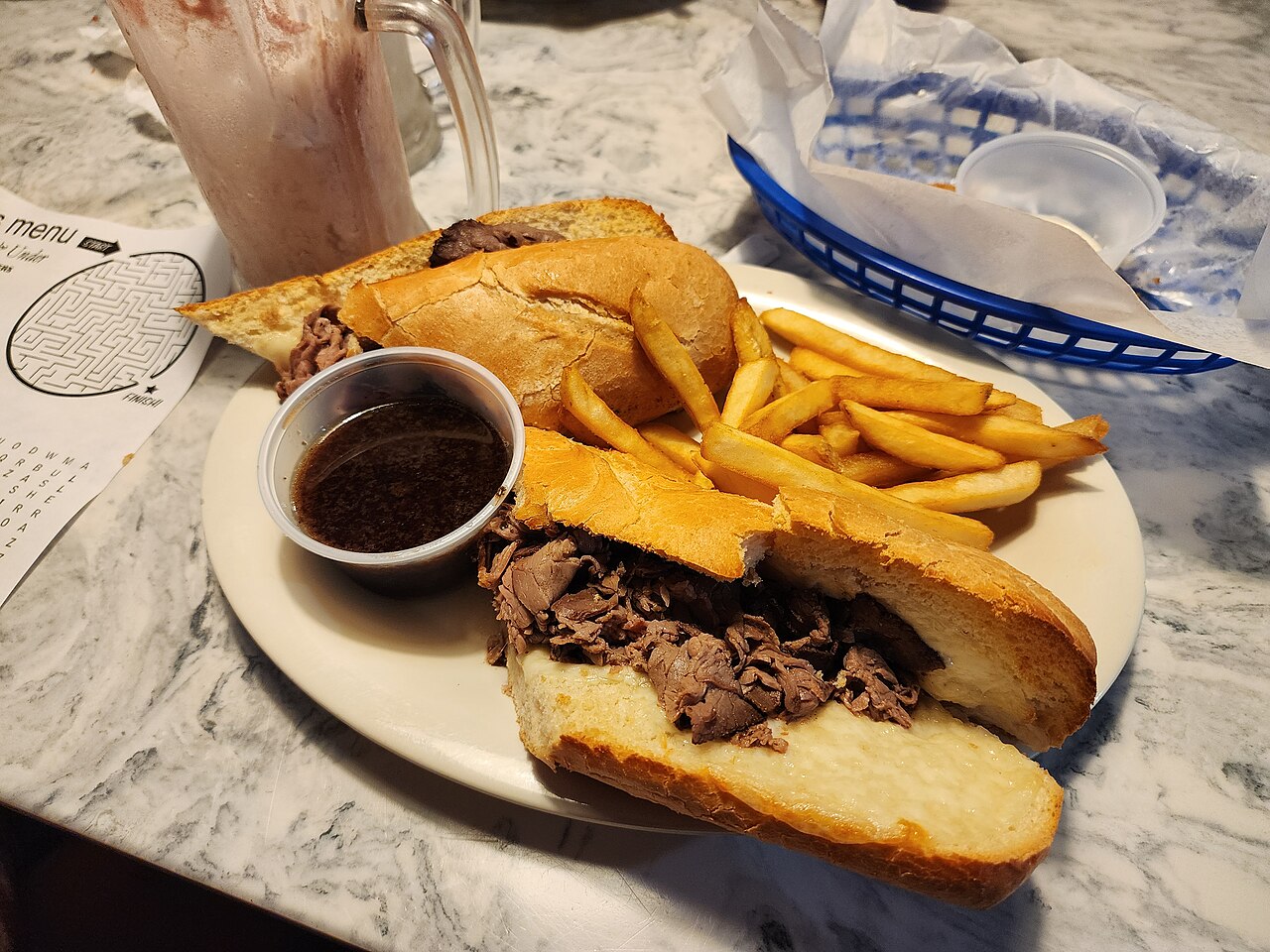 Roast beef French dip sandwich with au jus