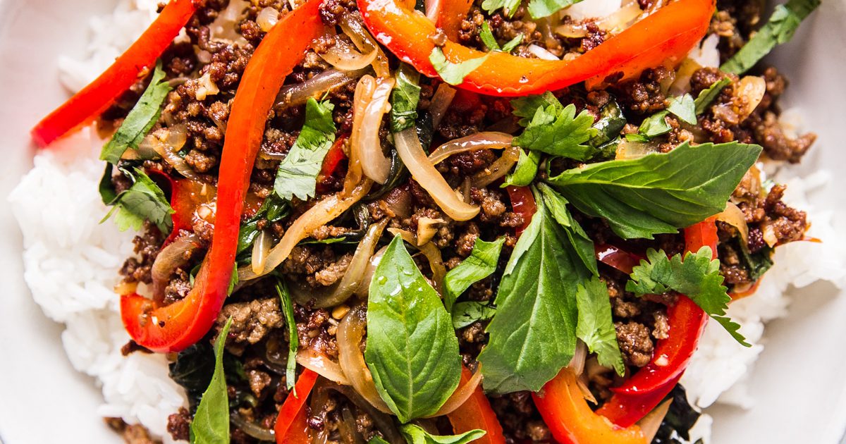 Thai basil beef with red pepper, onion, fresh basil, cilantro, and rice